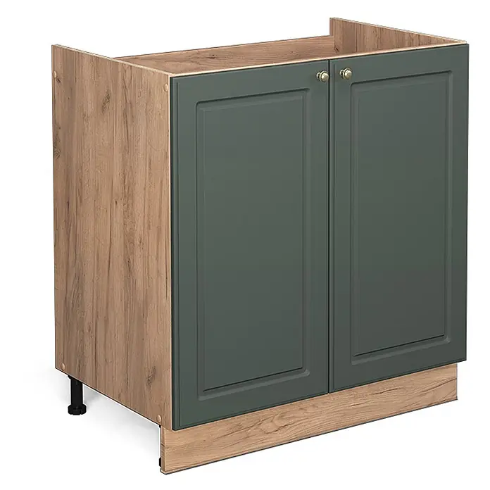 Vicco Schrankküche Fame-Line Grün-Gold Landhaus ohne Arbeitsplatte - Grün-Gold Landhaus, Spülenunterschrank 80 cm - Küchenunterschrank mit zwei dunkelgrünen Türen, goldenen Griffen und heller Holzmaserung an Seiten und Sockel, verstellbare Füße.