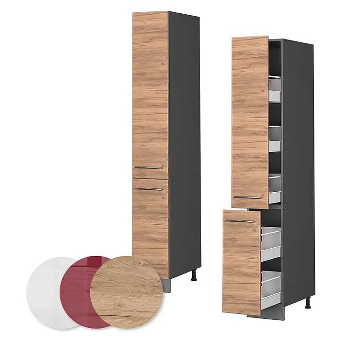 Vicco Schrankküche Fame-Line Goldkraft Eiche - Goldkraft Eiche, Apothekerhochschrank 30 cm - Hoher Küchenschrank mit Holzoptik-Fronten und dunkelgrauen Seiten, geschlossen und offen mit ausziehbaren Schubladen gezeigt.