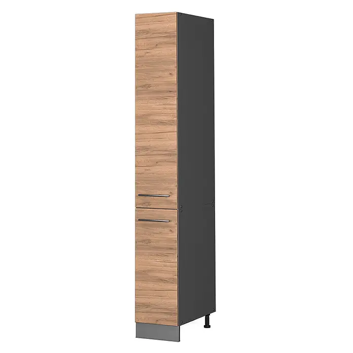 Vicco Schrankküche Fame-Line Goldkraft Eiche - Goldkraft Eiche, Apothekerhochschrank 30 cm - Hoher Schrank mit heller Holzmaserung an der Front, zwei Metallgriffen und dunkelgrauer Seitenplatte.