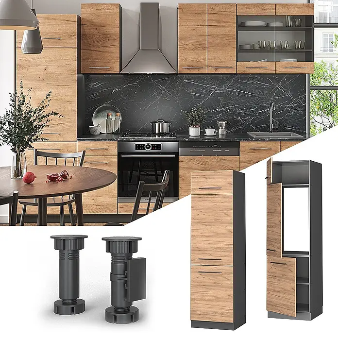 Vicco Schrankküche Fame-Line Goldkraft Eiche - Goldkraft Eiche, Kühlumbauschrank 60 cm - Modulares Küchensystem mit Holzdekor-Schränken und dunkelgrauen Akzenten. Inklusive verstellbarer Beine und hoher Vorratsschränke.