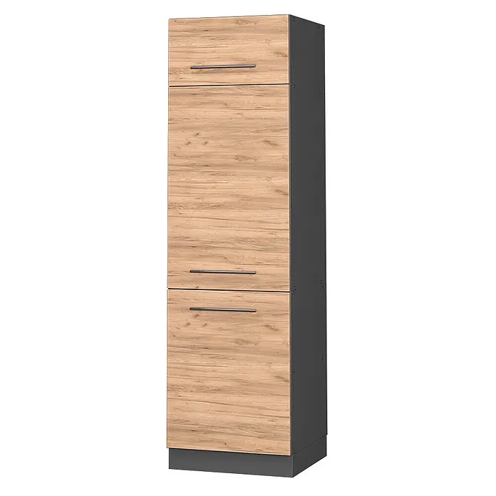 Vicco Schrankküche Fame-Line Goldkraft Eiche - Goldkraft Eiche, Kühlumbauschrank 60 cm - Hoher Hochschrank mit hellen Holzfronten und dunkelgrauen Seiten, mit drei langen silbernen Griffen.
