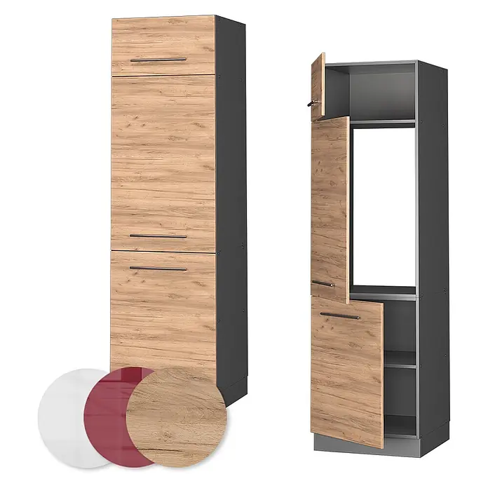 Vicco Schrankküche Fame-Line Goldkraft Eiche - Goldkraft Eiche, Kühlumbauschrank 60 cm - Hoher Küchenschrank in heller Holzoptik und Dunkelgrau mit Schubladen und Geräteraum, geschlossen und offen dargestellt.