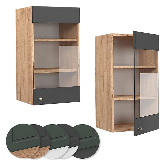 Vicco Schrankküche Fame-Line Anthrazit-Gold - Anthrazit-Gold Landhaus, Hängeglasschrank 40 cm - Wandschrank mit hellem Holzrahmen, dunkelgrauen Blenden und Glastür, geschlossen und geöffnet gezeigt. Farbmuster enthalten.