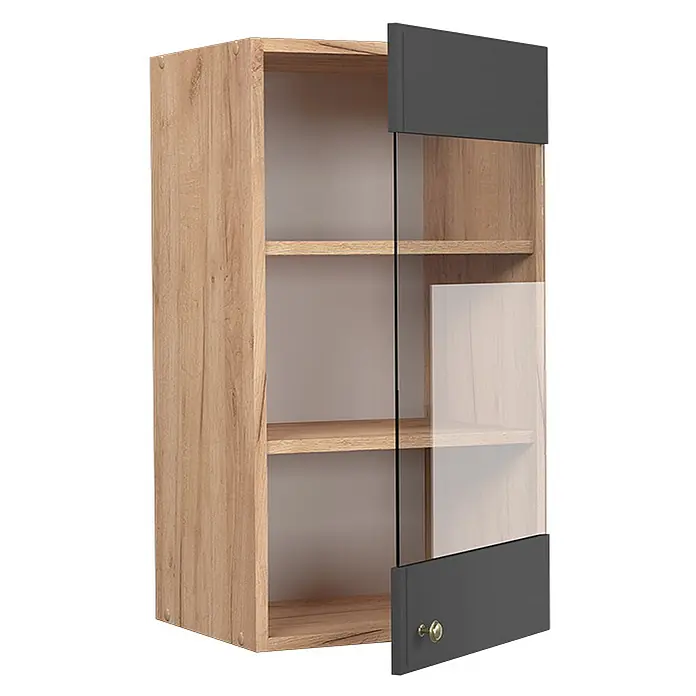 Vicco Schrankküche Fame-Line Anthrazit-Gold - Anthrazit-Gold Landhaus, Hängeglasschrank 40 cm - Hängeschrank in heller Holzoptik mit Glastür, dunklen Paneelen und goldfarbenem Knauf zur sichtbaren Aufbewahrung.