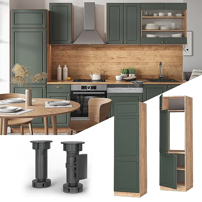 Vicco Schrankküche Fame-Line Grün-Gold Landhaus - Grün-Gold Landhaus, Kühlumbauschrank 60 cm - Moderne grüne Küche mit Holzakzenten, Einbaugeräten und Essbereich. Inkl. verstellbarer Schranksockelfüße und Hochschrank.