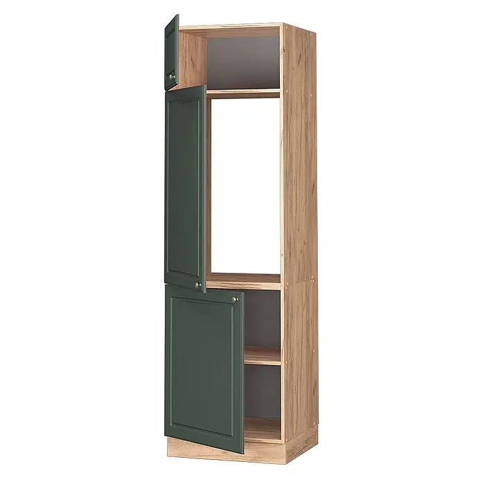 Vicco Schrankküche Fame-Line Grün-Gold Landhaus - Grün-Gold Landhaus, Kühlumbauschrank 60 cm - Hoher Holzschrank mit dunkelgrünen Türen, teils geöffnet, Regale enthüllend.
