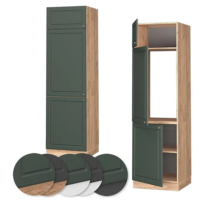 Vicco Schrankküche Fame-Line Grün-Gold Landhaus - Grün-Gold Landhaus, Kühlumbauschrank 60 cm - Hoher Küchen-Vorratschrank mit dunkelgrünen Türen und hellem Holzdekor, geschlossen und offen mit Regalen und Geräteraum gezeigt.