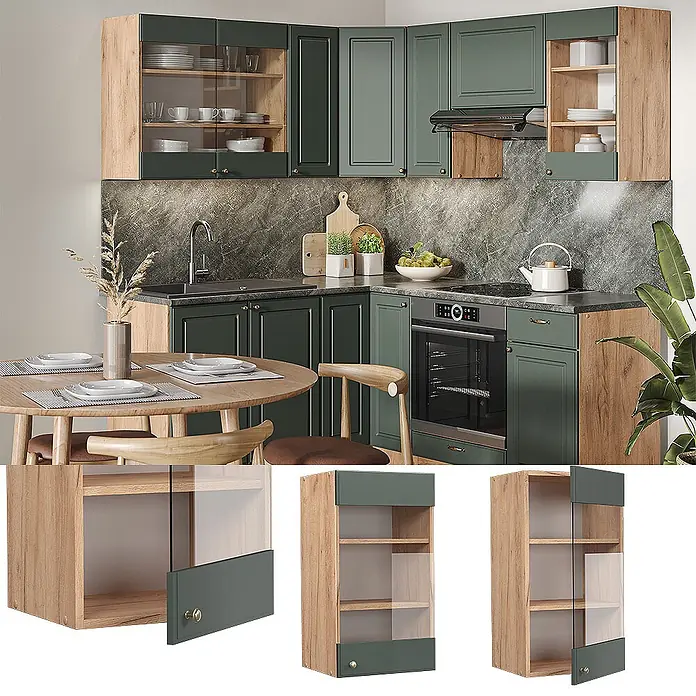 Vicco Schrankküche Fame-Line Grün-Gold Landhaus - Grün-Gold Landhaus, Hängeglasschrank 40 cm - Moderne Modulküche mit dunkelgrünen Schränken, hellen Holzakzenten, Glastüren und integrierten Geräten.