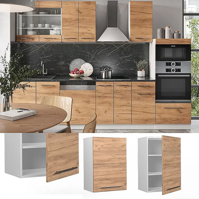 Vicco Schrankküche Fame-Line Goldkraft Eiche - Goldkraft Eiche, Hängeschrank 50 cm - Moderne Küchenschränke mit hellen Holzmaserungstüren und dunklen Griffen, in kompletter Küche integriert.