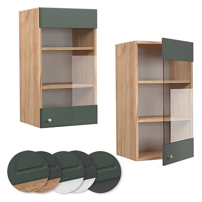 Vicco Schrankküche Fame-Line Grün-Gold Landhaus - Grün-Gold Landhaus, Hängeglasschrank 40 cm - Hängeschrank aus Holz mit dunkelgrünen Paneelen und Glastür, mit Einlegeböden.