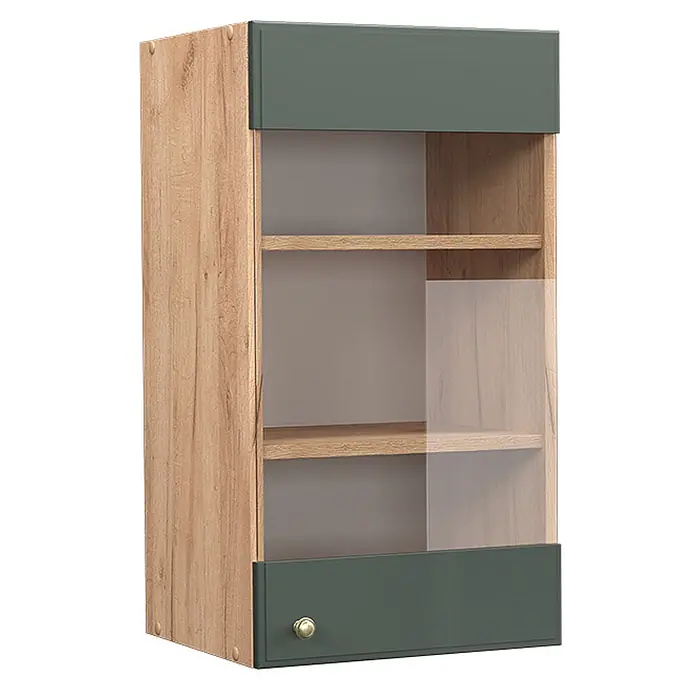 Vicco Schrankküche Fame-Line Grün-Gold Landhaus - Grün-Gold Landhaus, Hängeglasschrank 40 cm - Wandhängeschrank in Holzoptik mit dunkelgrünen Paneelen, Glastür, zwei Einlegeböden und goldener Knauf.