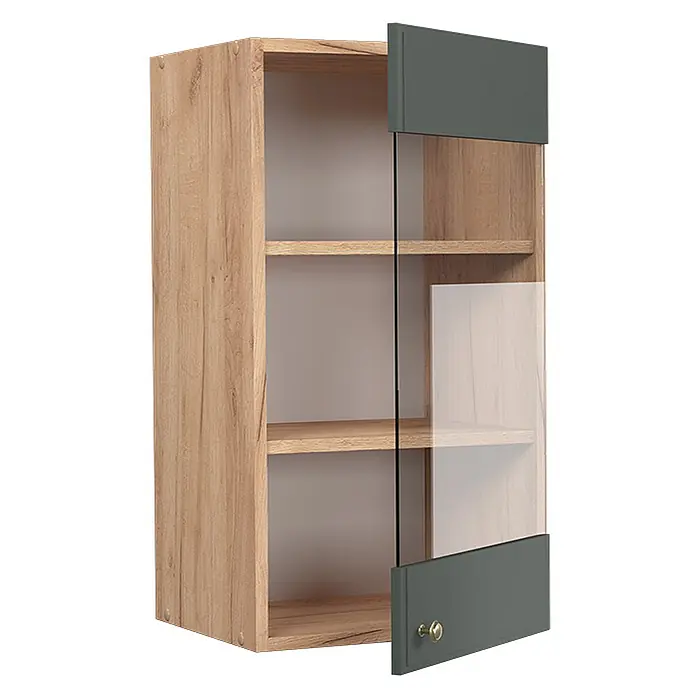 Vicco Schrankküche Fame-Line Grün-Gold Landhaus - Grün-Gold Landhaus, Hängeglasschrank 40 cm - Hängeschrank in heller Holzoptik mit Glastür, dunkelgrünen Paneelen und goldenem Knauf.