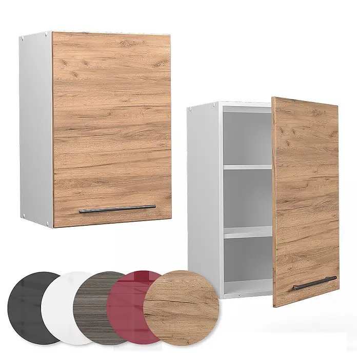 Vicco Schrankküche Fame-Line Goldkraft Eiche - Goldkraft Eiche, Hängeschrank 50 cm - Zwei Hängeschränke mit weißen Korpen und hellen Holzfronten, einer geschlossen, einer offen mit Regalböden. Farbmuster der Fronten unten.