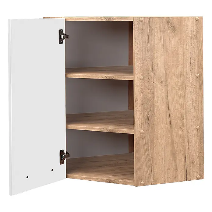 Vicco Schrankküche Fame-Line Weiß Hochglanz - Weiß Hochglanz, Eckhängeschrank 57 cm - Ein Wandschrank in heller Holzoptik mit geöffneter weißer Tür, der drei Einlegeböden zeigt.