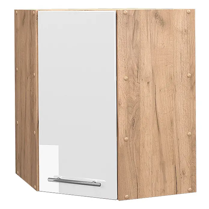 Vicco Schrankküche Fame-Line Weiß Hochglanz - Weiß Hochglanz, Eckhängeschrank 57 cm - Wandschrank mit weißer Hochglanztür und Holzoptik-Seitenwänden, mit silbernem Griff.