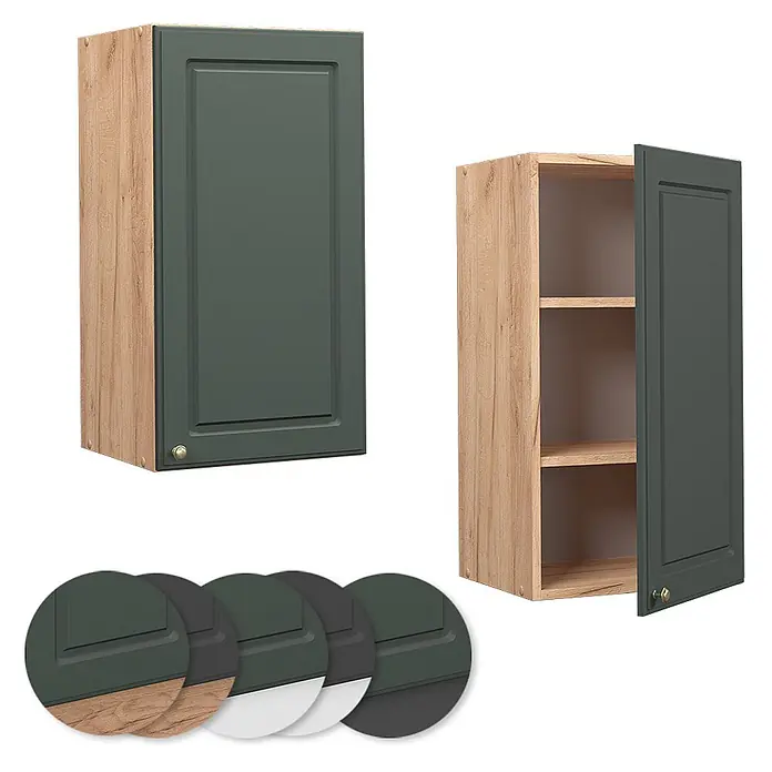 Vicco Schrankküche Fame-Line Grün-Gold Landhaus - Grün-Gold Landhaus, Hängeschrank 40 cm - Dunkelgrüner Küchenoberschrank, Holzoptik, geschlossen & offen mit Regalböden.