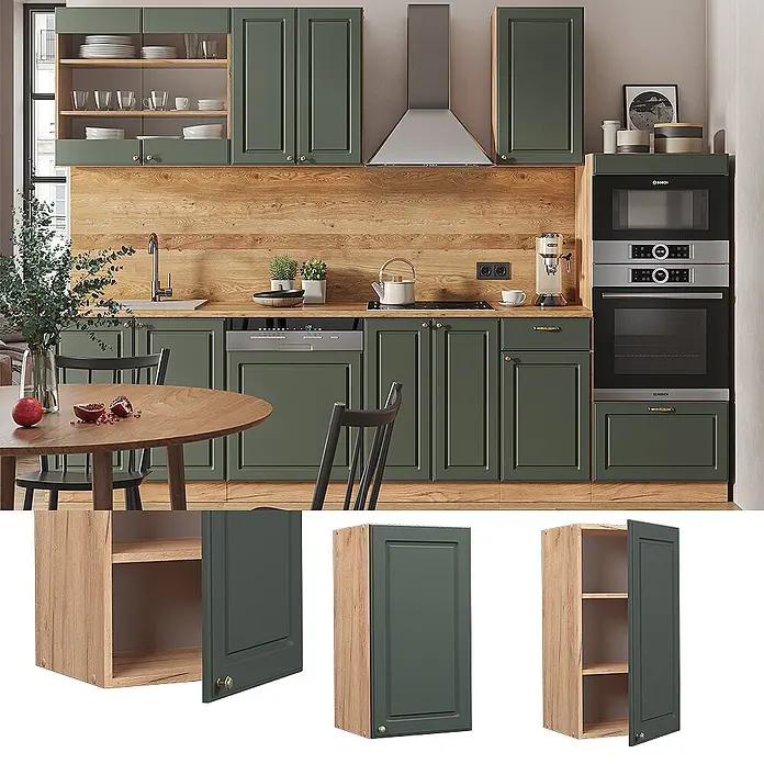 Vicco Schrankküche Fame-Line Grün-Gold Landhaus - Grün-Gold Landhaus, Hängeschrank 40 cm - Dunkelgrüne Kassettenküchenschränke mit Echtholz-Innen- und Außenelementen, integriert in ein stilvolles Küchendesign.