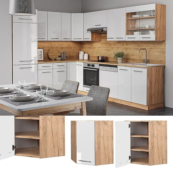 Vicco Schrankküche Fame-Line Weiß Hochglanz - Weiß Hochglanz, Eckhängeschrank 57 cm - Moderne L-förmige Küchenzeile mit hochglänzenden weißen Schränken und hellen Holzapplikationen, inklusive Geräten und Essbereich.