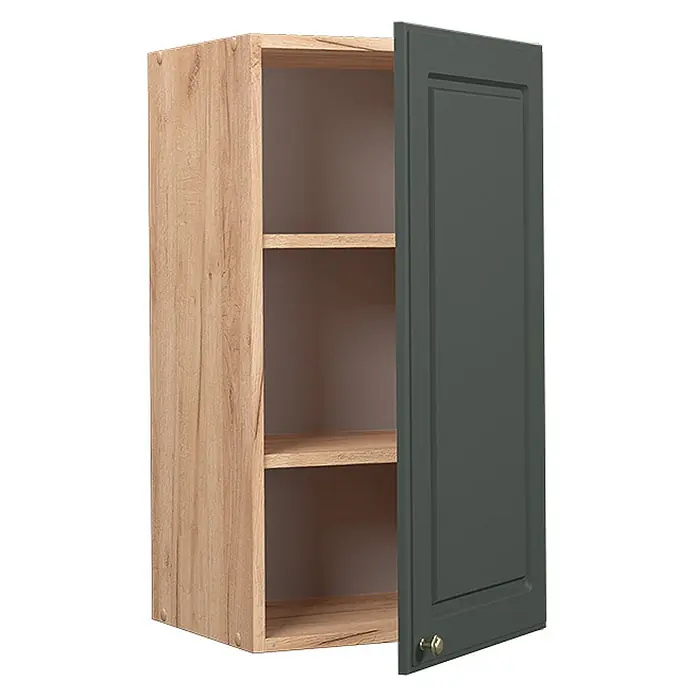 Vicco Schrankküche Fame-Line Grün-Gold Landhaus - Grün-Gold Landhaus, Hängeschrank 40 cm - Hölzerner Hängeschrank in Naturholzoptik mit teilweise geöffneter dunkelgrüner Tür und drei Innenböden.