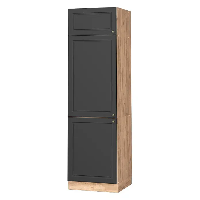 Vicco Schrankküche Fame-Line Anthrazit-Gold - Anthrazit-Gold Landhaus, Kühlumbauschrank 60 cm - Hoher dunkelgrauer Schrank mit Kassettentüren und hellem Holzdekorrahmen, mit messingfarbenen Knöpfen.