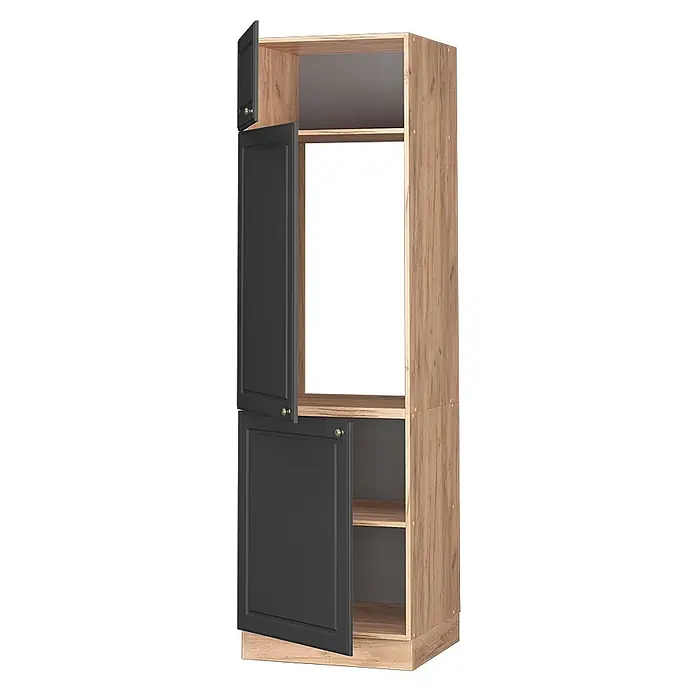 Vicco Schrankküche Fame-Line Anthrazit-Gold - Anthrazit-Gold Landhaus, Kühlumbauschrank 60 cm - Zweifarbiger Schrank: Holzdekor-Korpus, dunkelgraue Türen. Verfügt über offene Fächer und teilweise geöffnete Türen mit Griffen.