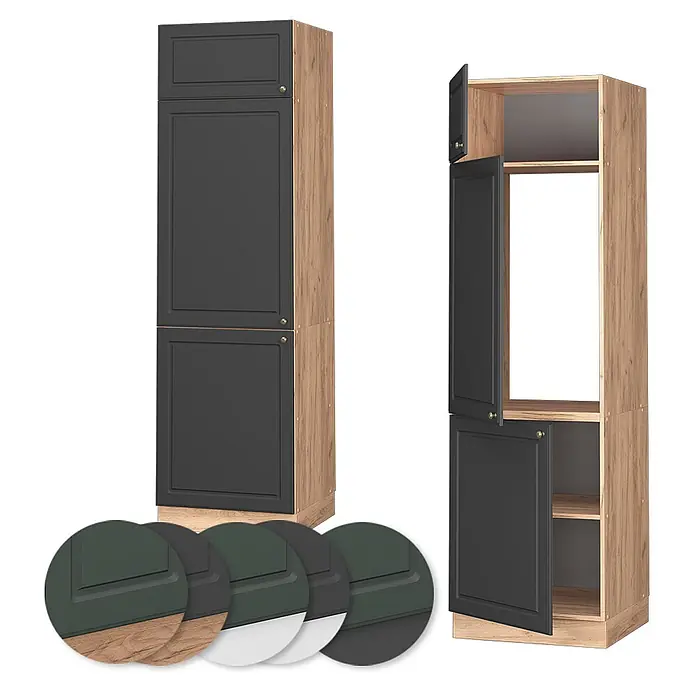 Vicco Schrankküche Fame-Line Anthrazit-Gold - Anthrazit-Gold Landhaus, Kühlumbauschrank 60 cm - Hoher Küchenschrank mit dunkelgrauen Türen und hellem Holzdekor. Eine Einheit geschlossen, eine offen mit Regalen.
