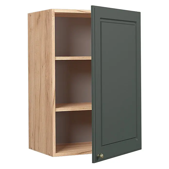 Vicco Schrankküche Fame-Line Grün-Gold Landhaus - Grün-Gold Landhaus, Hängeschrank 50 cm - Wandschrank mit hellem Holzdekor und dunkelgrüner Tür mit goldenem Griff, innen Regalböden sichtbar.