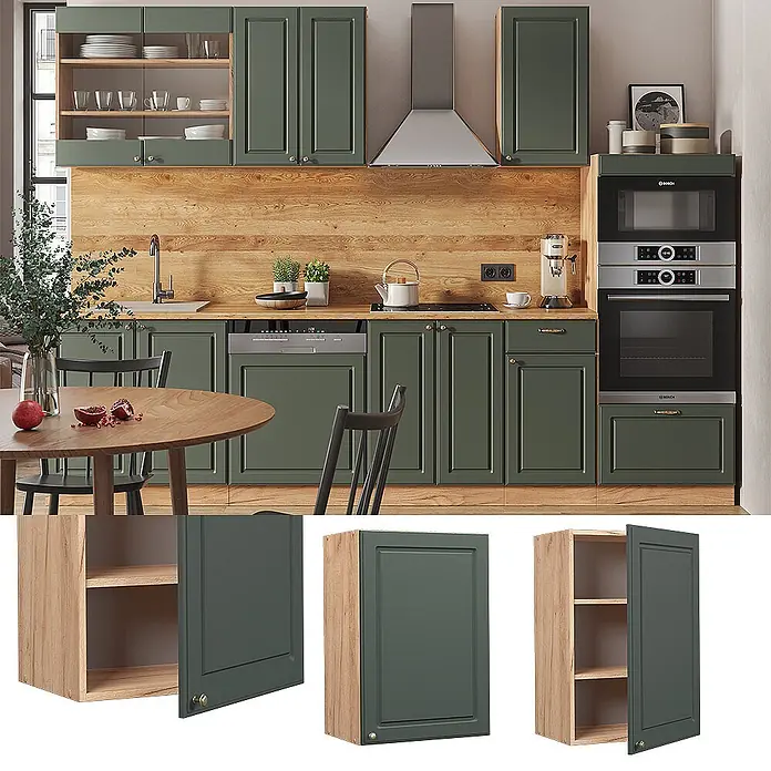 Vicco Schrankküche Fame-Line Grün-Gold Landhaus - Grün-Gold Landhaus, Hängeschrank 50 cm - Grüne Küchenschränke mit Holzelementen, integriert in ein komplettes Küchendesign.
