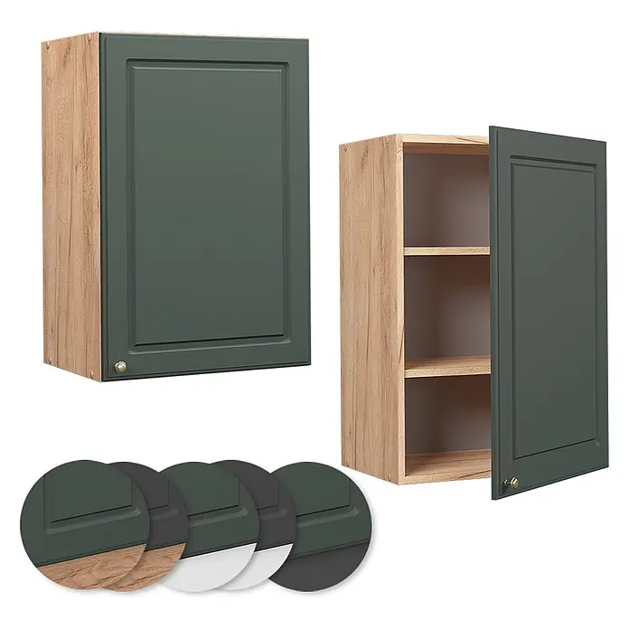 Vicco Schrankküche Fame-Line Grün-Gold Landhaus - Grün-Gold Landhaus, Hängeschrank 50 cm - Zwei Küchenwandschränke mit dunkelgrünen Türen und Holzoptik-Seiten, einer offen mit Regalböden.