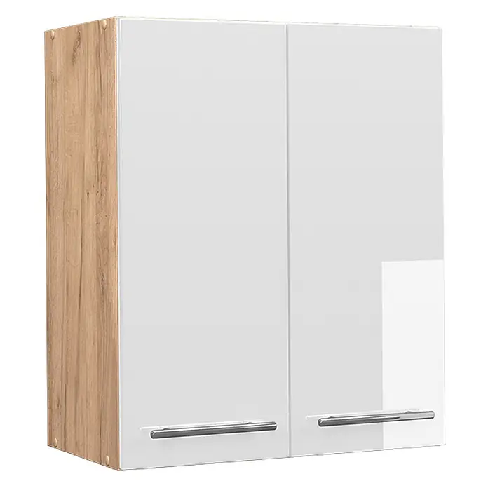 Vicco Schrankküche Fame-Line Weiß Hochglanz - Weiß Hochglanz, Hängeschrank 60 cm - Wandschrank mit zwei glänzend weißen Türen, heller Holzseitenwand und silbernen Griffen.