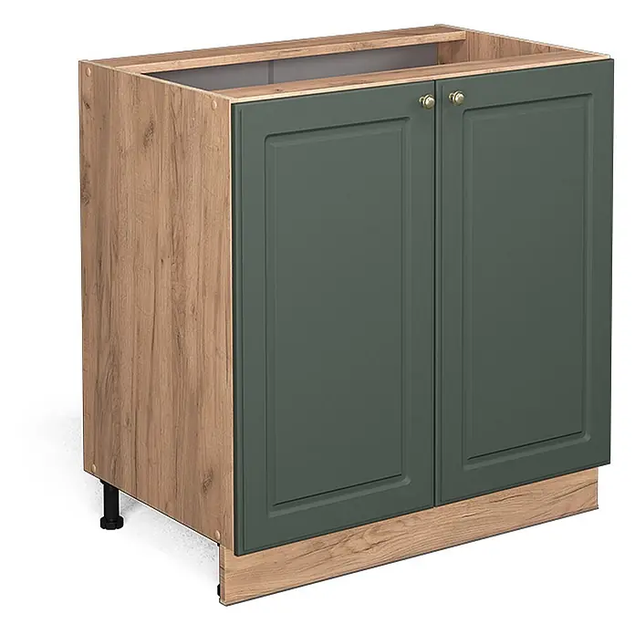 Vicco Schrankküche Fame-Line Grün-Gold Landhaus mit Regal, ohne Arbeitsplatte - Grün-Gold Landhaus, Unterschrank 80 cm - Küchenunterschrank in Holzoptik mit dunkelgrünen Türen, goldenen Knöpfen und verstellbaren schwarzen Füßen.