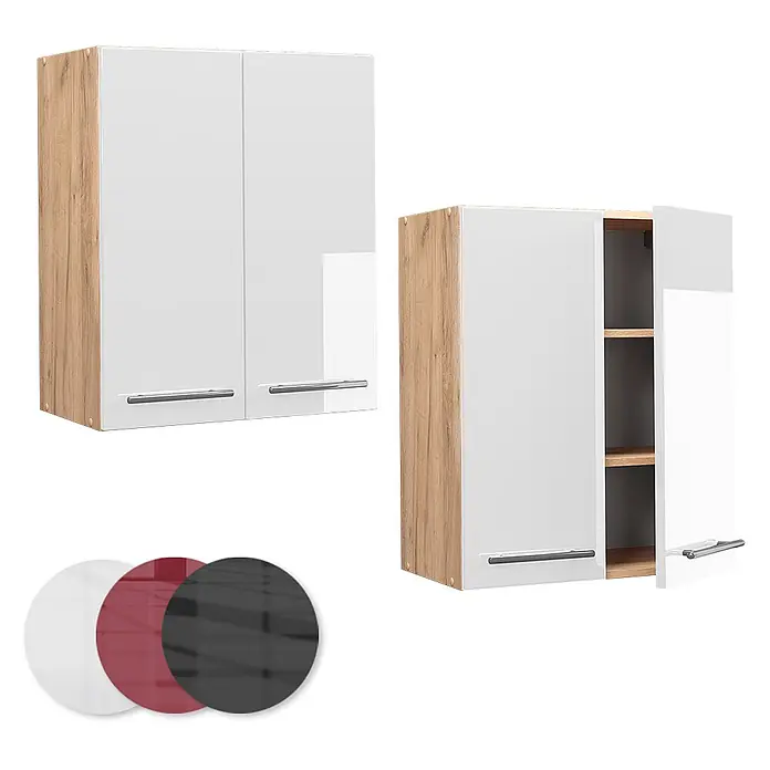 Vicco Schrankküche Fame-Line Weiß Hochglanz - Weiß Hochglanz, Hängeschrank 60 cm - Weißer Hochglanz-Hängeschrank mit Holzdekorseiten, einer geschlossen, einer offen mit Regalböden. Inkl. Farbmuster.