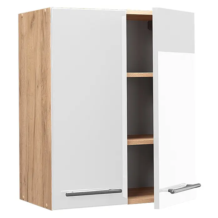 Vicco Schrankküche Fame-Line Weiß Hochglanz - Weiß Hochglanz, Hängeschrank 60 cm - Zweitüriger Wandschrank mit Holzoptik-Seiten und glänzenden weißen Türen, eine offenbart Innenregale. Mit silbernen Griffen.