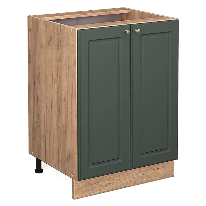 Vicco Schrankküche Fame-Line Grün-Gold Landhaus ohne Arbeitsplatte - Grün-Gold Landhaus, Unterschrank 60 cm - Küchenunterschrank mit zwei dunkelgrünen Shaker-Türen, hellem Holzmaserungsrahmen und Messingknäufen.