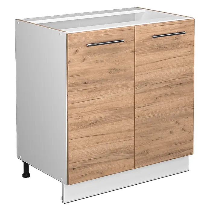 Vicco Schrankküche Fame-Line Goldkraft Eiche mit Regal, ohne Arbeitsplatte - Goldkraft Eiche, Unterschrank 80 cm - Weißer Küchenunterschrank mit zwei hellen Holztüren, Chromgriffen und weißem Sockel. Für Spülbecken geeignet.