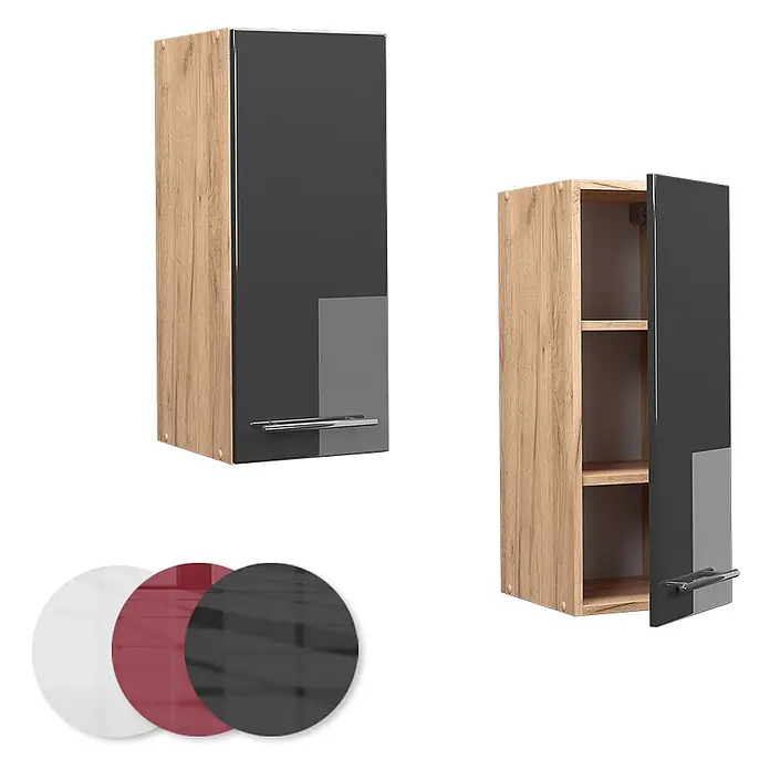Vicco Schrankküche Fame-Line Anthrazit Hochglanz - Anthrazit Hochglanz, Hängeschrank 30 cm - Wandschrank mit heller Holzoptik und hochglänzender schwarzer Tür, mit grauem Akzent und Chromgriff. Inklusive Einlegeböden und Farboptionen.