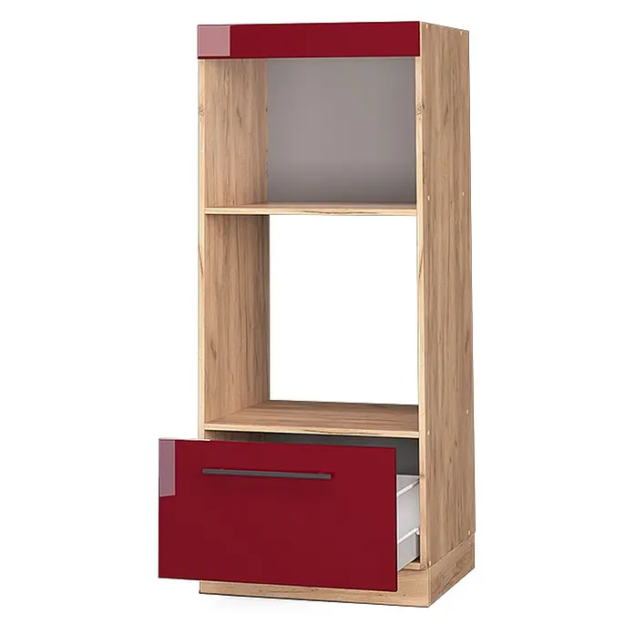 Vicco Schrankküche Fame-Line Bordeaux Hochglanz offen - Bordeaux Hochglanz, Mikrowellenumbauschrank 60 cm (offen) - Regal aus Eichenholzoptik mit offenen Fächern, roter Hochglanzplatte und teiloffener roter Schublade.