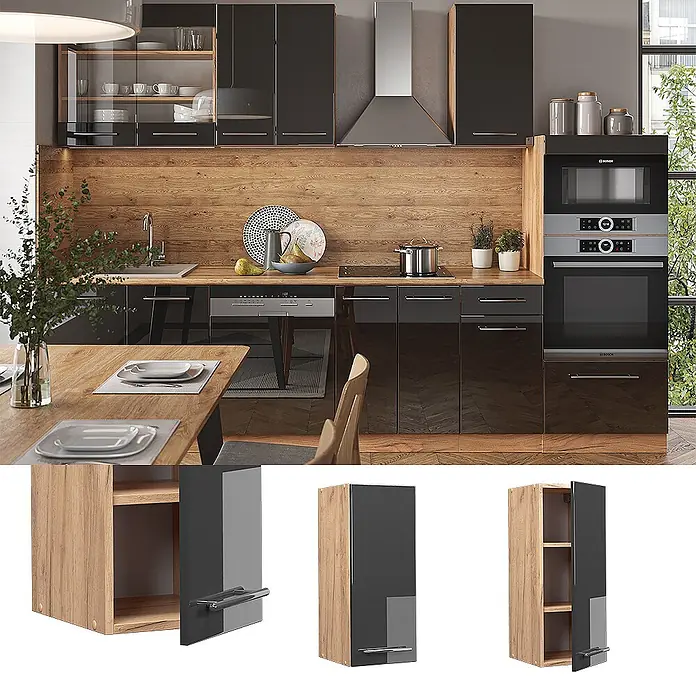 Vicco Schrankküche Fame-Line Anthrazit Hochglanz - Anthrazit Hochglanz, Hängeschrank 30 cm - Moderne Küchenzeile mit hochglänzenden dunklen Schranktüren und Holzdekor-Paneelen, inkl. Einbaugeräten.