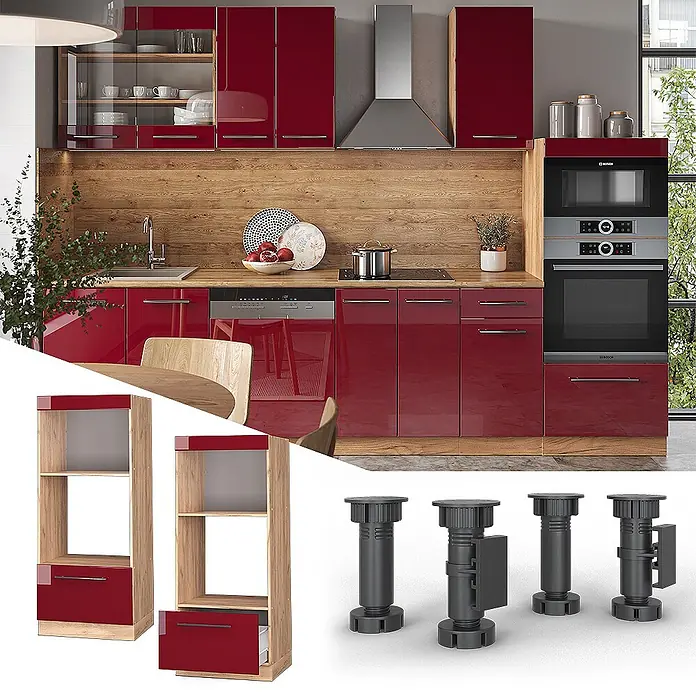 Vicco Schrankküche Fame-Line Bordeaux Hochglanz offen - Bordeaux Hochglanz, Mikrowellenumbauschrank 60 cm (offen) - Moderne Küche: hochglanzrote Schränke, Holzelemente, Einbaugeräte. Hohe Regaleinheiten mit roten Schubladen, verstellbare Möbelfüße.