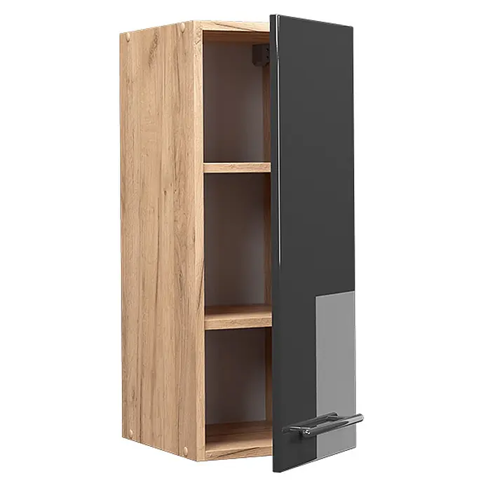 Vicco Schrankküche Fame-Line Anthrazit Hochglanz - Anthrazit Hochglanz, Hängeschrank 30 cm - Wandhängeschrank mit Eicheneffektrahmen und hochglänzender, dunkelgrauer Tür mit grauem Paneel, leicht geöffnet, zeigt zwei Holzregale.