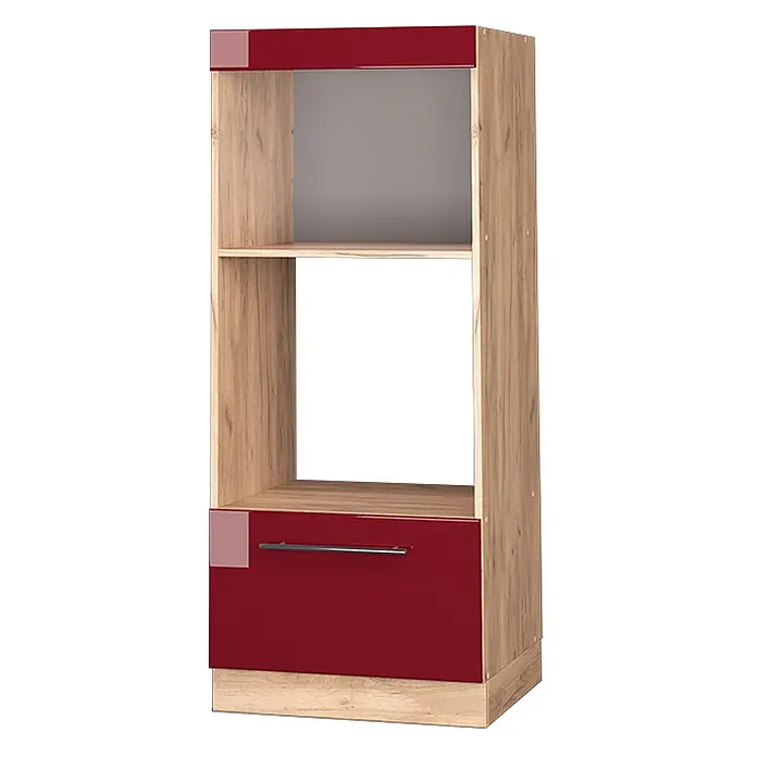 Vicco Schrankküche Fame-Line Bordeaux Hochglanz offen - Bordeaux Hochglanz, Mikrowellenumbauschrank 60 cm (offen) - Hoher Küchenschrank in Holzoptik mit glänzend dunkelroten Fronten, offenen Fächern und einer Schublade mit Griff.