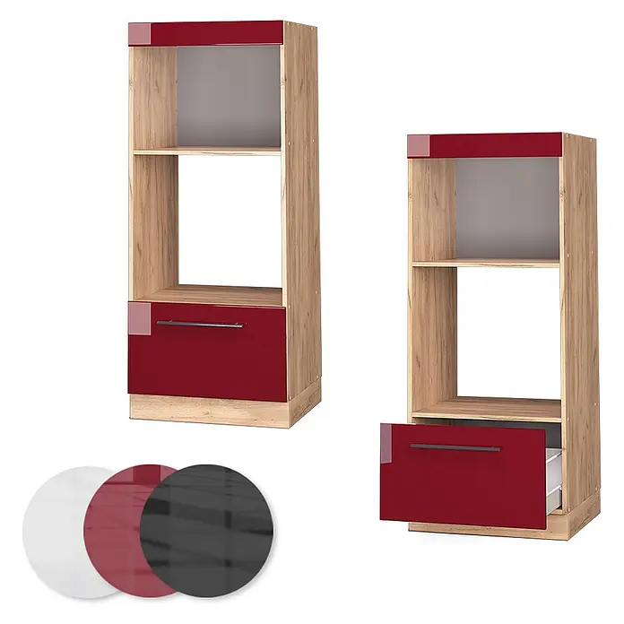 Vicco Schrankküche Fame-Line Bordeaux Hochglanz offen - Bordeaux Hochglanz, Mikrowellenumbauschrank 60 cm (offen) - Zwei hohe Schränke in Holzoptik mit glänzenden roten Schubladenfronten und oberen Paneelen. Eine Schublade ist offen. Farbmuster sichtbar.