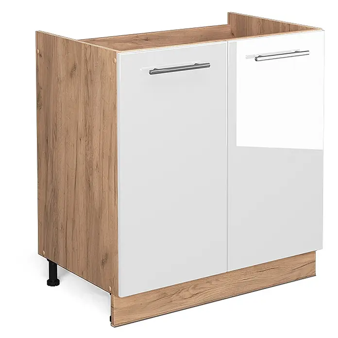 Vicco Schrankküche Fame-Line Weiß Hochglanz ohne Arbeitsplatte - Weiß Hochglanz, Spülenunterschrank 80 cm - Küchenunterschrank mit zwei glänzend weißen Türen und hellem Holzdekor-Rahmen und Sockel.