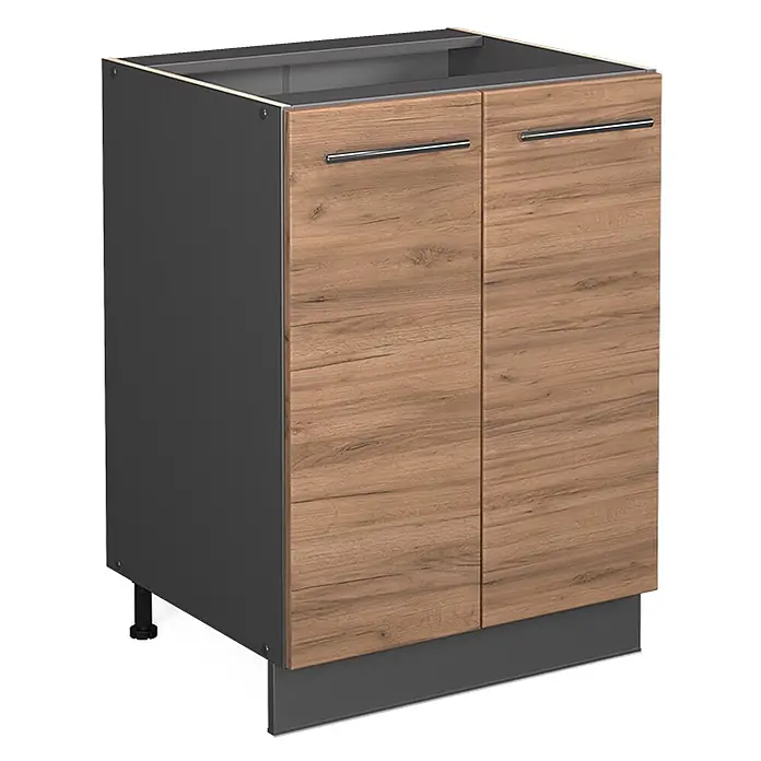 Vicco Schrankküche Fame-Line Goldkraft Eiche ohne Arbeitsplatte - Goldkraft Eiche, Unterschrank 60 cm - Küchenunterschrank mit zwei Eichenholzoptik-Türen, dunkelgrauem Korpus, silbernen Griffen und Sockelblende.