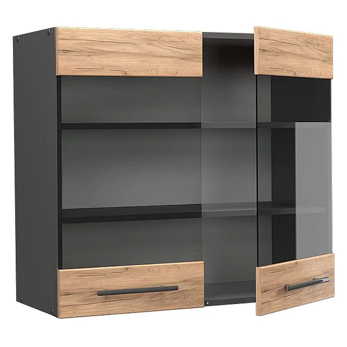 Vicco Schrankküche Fame-Line Goldkraft Eiche - Goldkraft Eiche, Hängeglasschrank 80 cm - Moderne dunkelgraue Vitrine mit hellen Holzdetails und Klarglastüren.