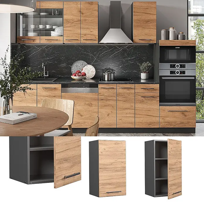 Vicco Schrankküche Fame-Line Goldkraft Eiche - Goldkraft Eiche, Hängeschrank 40 cm - Moderne Küchenschränke mit Holzoptikfronten und dunkelgrauen Rahmen, installiert und als modulare Einheiten gezeigt.