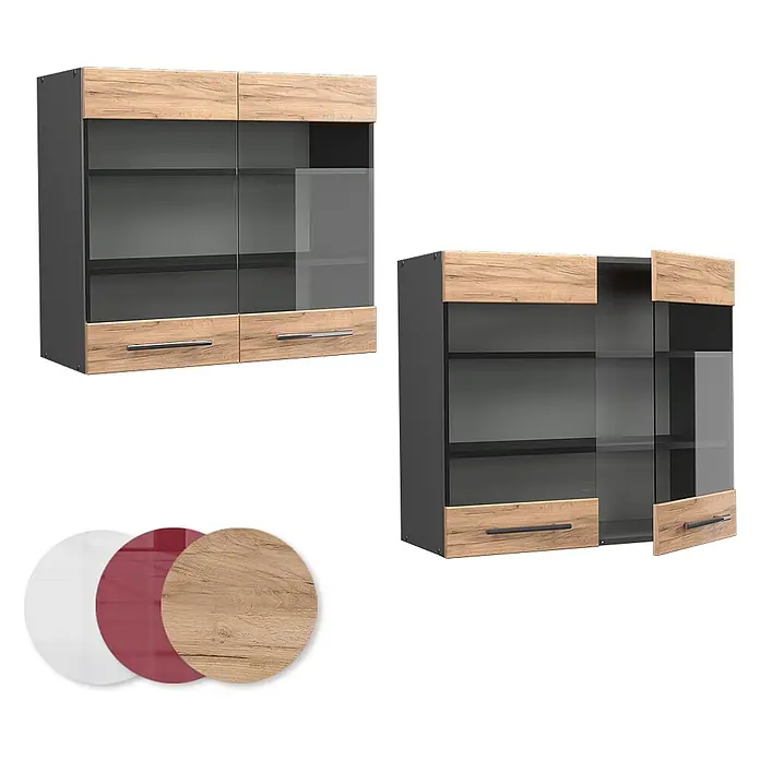 Vicco Schrankküche Fame-Line Goldkraft Eiche - Goldkraft Eiche, Hängeglasschrank 80 cm - Wandschrank mit Glastüren, Holzverzierungen und Schubladen. Geschlossen und mit offener Tür/Schublade gezeigt, plus Farbmuster.
