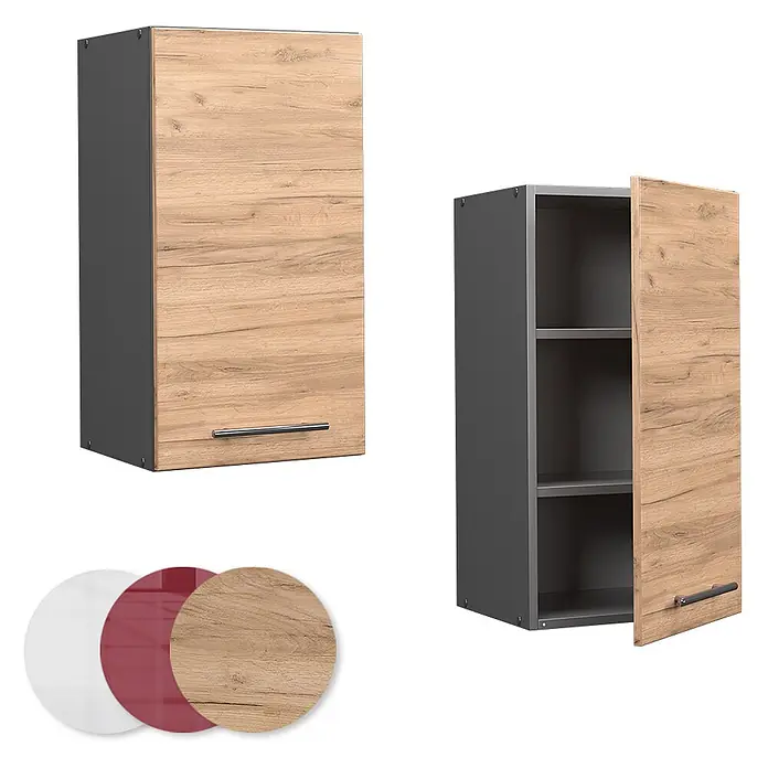 Vicco Schrankküche Fame-Line Goldkraft Eiche - Goldkraft Eiche, Hängeschrank 40 cm - Hängeschrank mit dunkelgrauem Korpus & heller Holzoptiktür, einer geöffnet mit Regalen. Erhältlich in Weiß, Rot, Holzoptik.