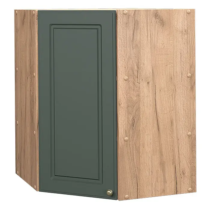 Vicco Schrankküche Fame-Line Grün-Gold Landhaus - Grün-Gold Landhaus, Eckhängeschrank 57 cm - Dunkelgrüner Eckküchenschrank mit gerahmter Tür und hellen Holz-Effekt-Seiten.