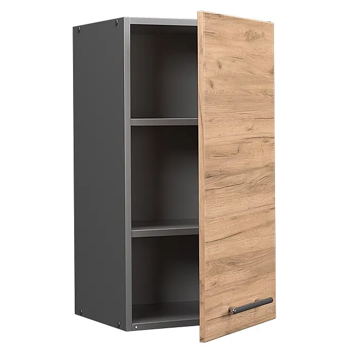 Vicco Schrankküche Fame-Line Goldkraft Eiche - Goldkraft Eiche, Hängeschrank 40 cm - Dunkelgrauer Wandschrank mit offener Tür in heller Holzoptik, dunklem Griff und Einlegeböden.